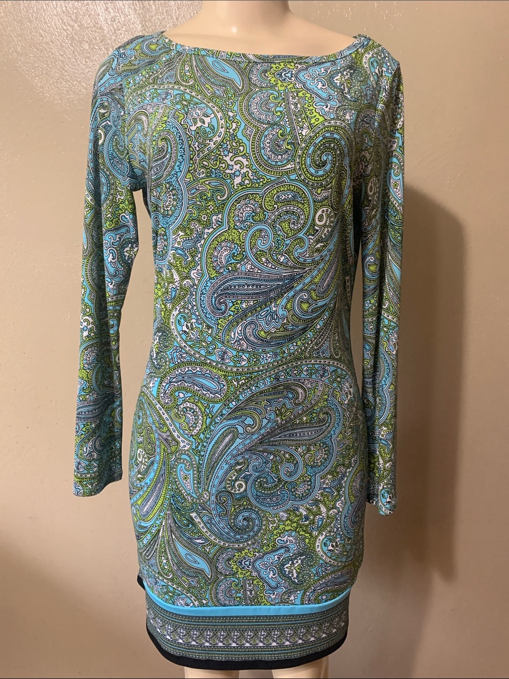 Michael Kors size S Teal and Green Paisley Long Sleeve Shift Dress